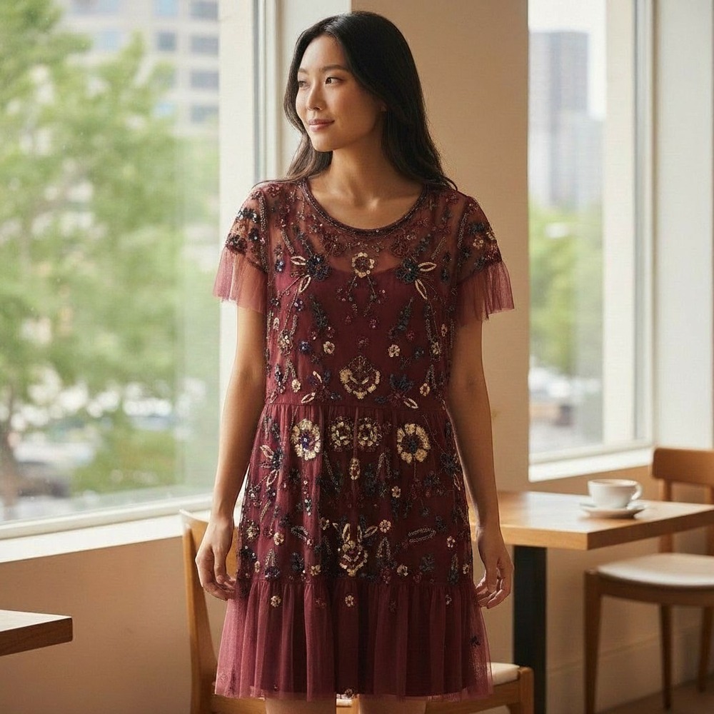 Gianni Bini Maya Dress Womens 10 Burgundy Sequin Floral Mesh Cocktail Party Midi